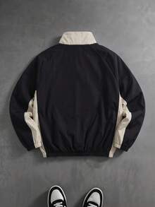 PAVTROS Chaqueta casual versátil de uso diario con cuello alto y cremallera de color contrastante para hombres - Blanco y Negro - Ver 2