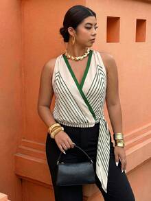 Celure Plus Size Women's Elegant V-Neck Wrap Striped Print Tie-Front Blouse, Spring/Summer - Multicolor - View 3