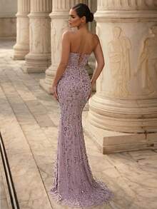 Glamrae Elegant Luxurious Beaded Sequin Mermaid Dress,3D Floral Decor Heavily Embellished Tube Top Gown For Weddings,Parties,Galas,Formal Occasions - Dusty Pink - View 3