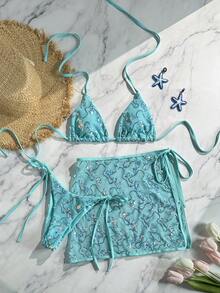 Costavie Bộ 3 món, áo ngực tam giác bằng vải đính sequin nhiều màu sắc, quần bơi buộc dây bên hông và váy ngắn vuông đính sequin, bộ bikini gợi cảm dành cho nữ, mùa xuân/hè. - Màu xanh Bạc hà - Xem 10