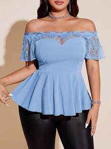 Viva Relle Plus Size Sexy Lace Patchwork Off-Shoulder Black Slim Fit Blouse - Blue - View 2