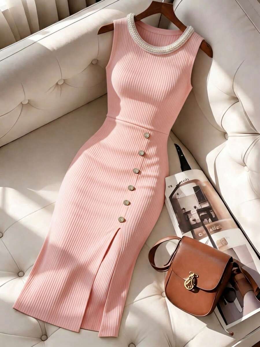 Franclia Đầm dài không tay cổ tròn, xẻ tà, cài cúc trang trí, kiểu dáng thanh lịch và thoải mái dành cho nữ, thích hợp mặc hàng ngày/đi nghỉ mát/hẹn hò/công sở/làm giáo viên. - Hồng - Xem 1
