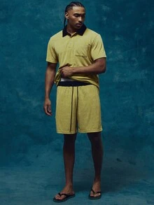 Musero Contrast Waistband Elasticated Drawstring Detailing Towel Material Co Ord Shorts Only Spring Summer Essentials Holiday - Yellow - View 1
