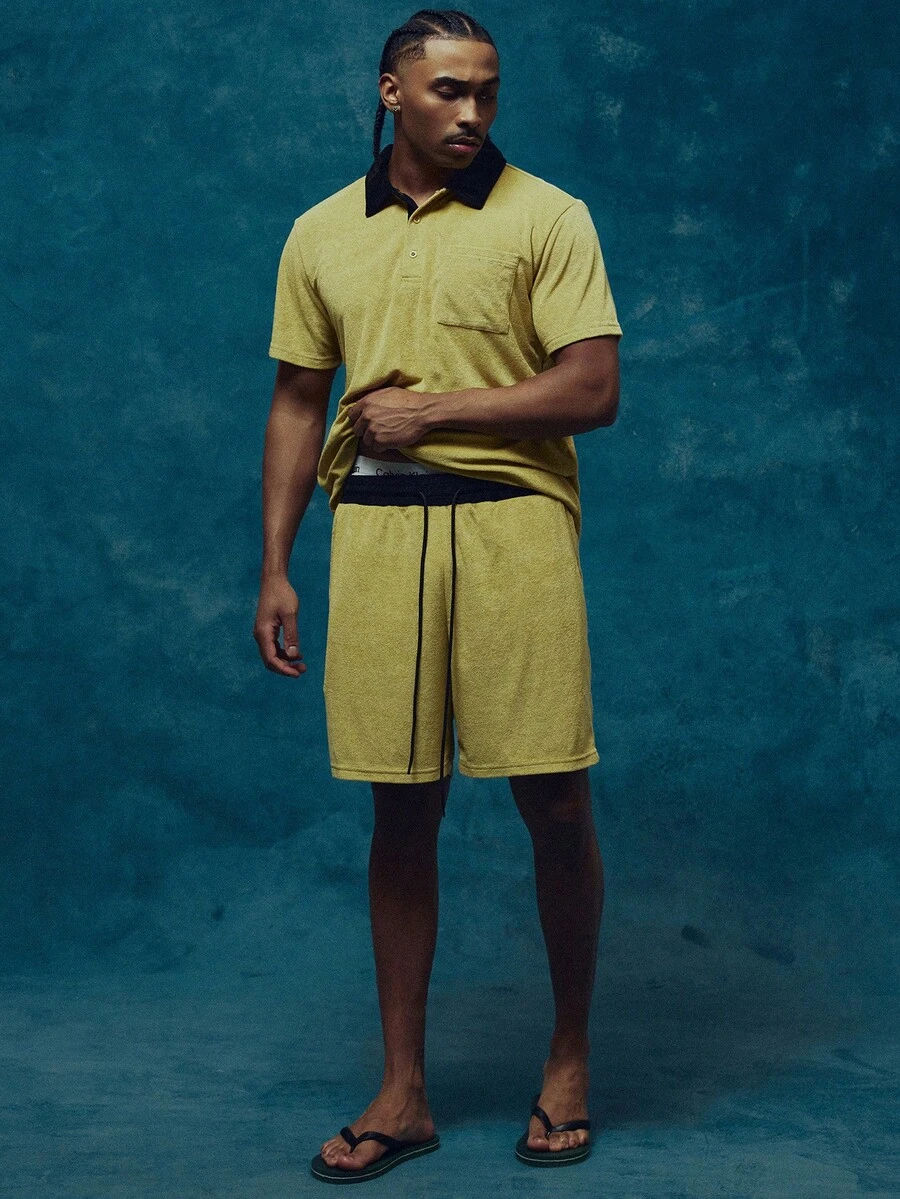 Musero Contrast Waistband Elasticated Drawstring Detailing Towel Material Co Ord Shorts Only Spring Summer Essentials Holiday - Yellow - View 1
