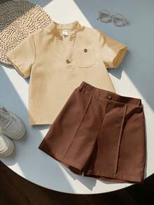 SHEIN LMoss Kids 2pcs Kids Boys Casual V-Neck Short Sleeve Shirt And Shorts Set - Multicolor - View 3