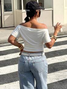 Muchica Plus Size White Casual Letter Print Off-Shoulder Bodycon T-Shirt - White - View 2