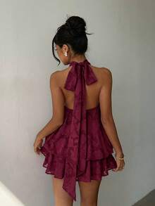 Vestido mini elegante de mujer con cuello halter y lazo en color amarillo claro - Beis - Ver 2