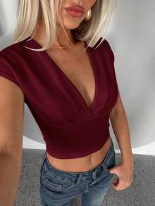 Aloruh Women's Casual Summer Solid White Slim Fit V-Neck Short Sleeve Crop Top,Summer Top - Maroon - View 8