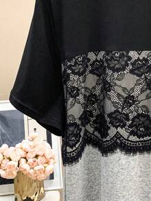 Lacomfia Round Neck Lace Trim Short Sleeve T-Shirt, Spring/Summer - Light Grey - View 5