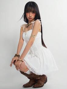 INAWLY 女士时尚蕾丝拼接吊带迷你连衣裙 - 白色 - 查看 7