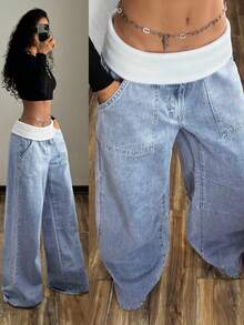 Jeanoix Plus Size Color Block Pockets Straight Loose Fit Jeans - Light Wash - View 1