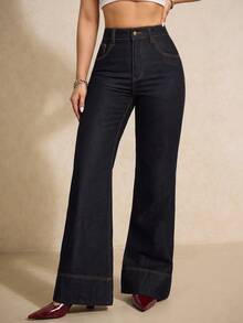 Elaquor Große Größen Jeans für Frauen, hohe Taille weites Bein lässig schräge Taschen Alltag Denim, vielseitiger Y2K-Stil für große Frauen, dunkle Waschung - Schwarz - Übersicht 7
