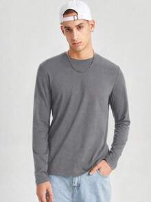 SWAVVY Men's Casual Solid Color Long Sleeve T-Shirt, Minimalist Versatile For Daily Wear, Spring/Autumn - Dark Grey - View 5