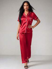 Silforma 2pcs Faux Silk Heart Embroidery Short Sleeve Top & Pants Red Pajama Set - Red - View 5