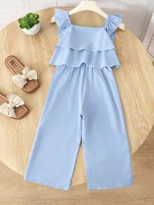 Genkimix Kids Girls (Small) Ruffle Layered Casual Long Pants, Suitable For Vacation, Summer - Blue - View 2