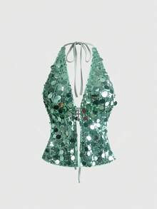 ROMWE Grunge Punk Punk Rock Diva Carnival Outfit, Music Festival, New Year Party Dress, Y2K Halter Sexy Sequin Cross Pendant 2 Pieces Set For Women - Green - View 8