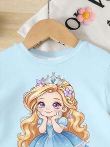 Elladie kids 一套女童休闲甜美可爱卡通公主夏季套装，蓝色卡通皇冠公主印花T恤搭配蓝色碎花短裤，公主风宽松圆领短袖T恤和短裤，适合春夏日常、度假、节日穿着，清新舒适。 - 彩色 - 查看 4