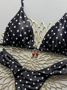 Swim Mod 2pcs/Set Spring & Summer Vacation Random Cherry Print Halter Triangle Cup Bra And Bikini Bottoms Sexy Women Swimwear Set - Black and White - View 5
