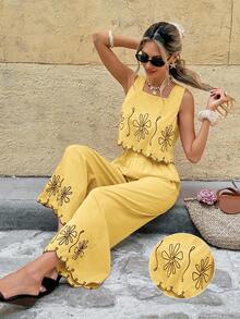 Set de 2 piezas con top con estampado floral y pantalones de pierna ancha, uso diario casual para mujer - Amarillo - Ver 8