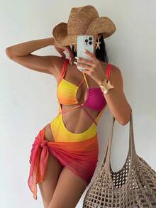 SHEIN Swim 女士性感渐变色镂空连体泳衣，沙滩度假风 - 彩色 - 查看 3