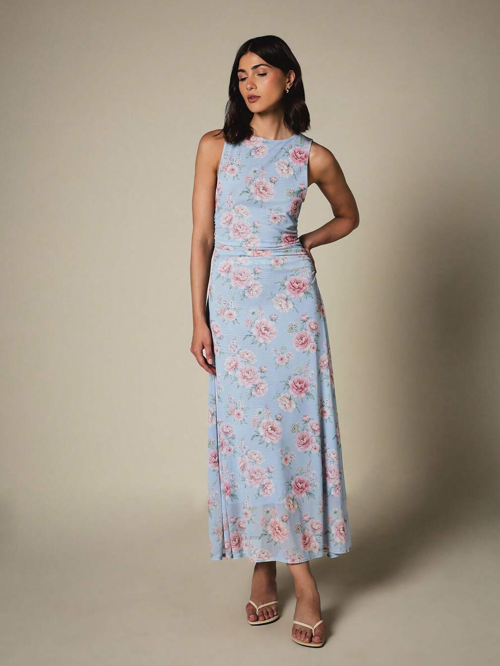 dress long summer mesh flower Pink Floral Print Ruffle Detail Sheer Mesh Maxi Beach Dress