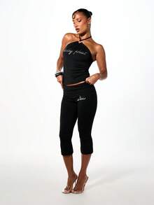 BABYPHAT Logo Kick Flare Low Rise Capri Leggings With Fold-Over Waistband And Script Branding Detail - Black - View 3