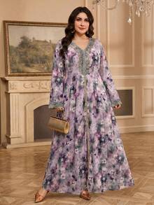 Al Najma Plus Size Women Floral Print V-Neck Elegant Long Sleeve Turkish Maxi Dress - Purple - View 3