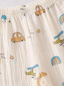 2pcs Baby Boy Casual Car Graphic Woven Short Sleeve Top And Relaxed Pants Set, Comfortable Outfit - Apricot - View 7