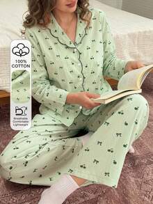 DAZY 2pcs Cute Bow & Cherry Print Contrast Color Embroidered Collar Women Pajama Set, Spring/Summer - Green - View 3