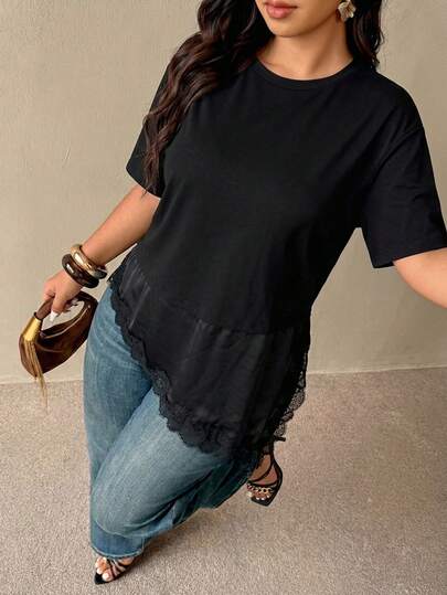 Auralis Plus Size Women's Solid Color Round Neck Short Sleeve Asymmetric Hem Casual T-Shirt Black T-Shirt For Women Casual Going Out T-Shirt For Women Lace Trim T-Shirt For Women