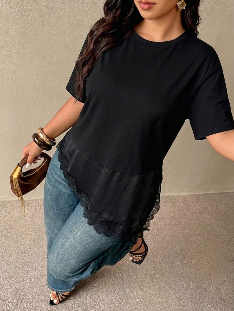 Auralis Plus Size Women's Solid Color Round Neck Short Sleeve Asymmetric Hem Casual T-Shirt Black For Women Lace Trim Formal Summer - Black - View 1