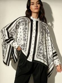 Frievida Commuting Retro Color Block Positioning Print Design Long Sleeve Loose Blouse With Vacation Vibe - Multicolor - View 5