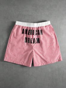 ROMWE MEN Street Life Quần short nam dáng casual, in chữ và kẻ caro, cạp chun. - Đỏ - Xem 1