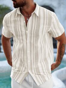 VENTUSAIL Regular Shoulder Striped Front Button Casual Summer Slim Fit Short Sleeve Shirt - Khaki - View 3