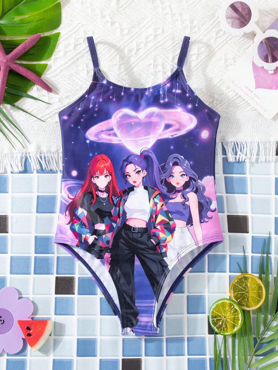 SHEIN Young Girl Cartoon Character Printed One-Piece Swimsuit, Fashionable Beach Vacation Style - Purple - View 1