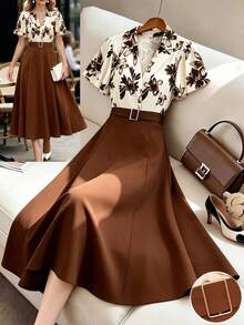SHEIN Đầm nữ màu nâu họa tiết hoa, phối nhiều mảnh, dáng chữ A, tay bồng, cổ áo sơ mi, thắt eo. - Nhiều màu - Xem 1
