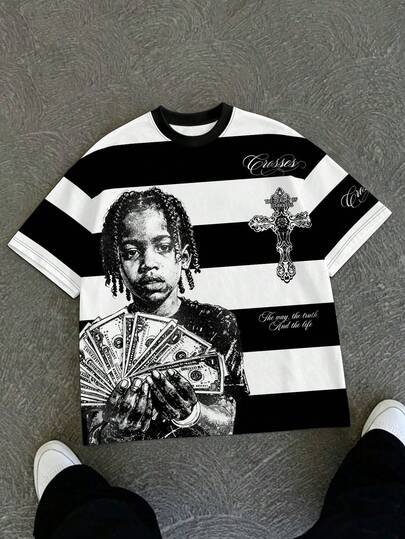 Manfinity EMRG Plus Size Men's Casual Oversized Colorblock Black And White Striped Figure Print T-Shirt, Summer City Break