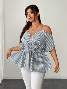 Elenzga Plus Size Spaghetti Strap Tie-Front Striped Cute Blouse - Black and White - View 4