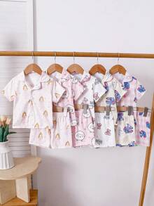 2 Sets Random Baby Girls Cute Cartoon Print Pajama Set,White And Pink Summer Holiday Short Sleeve Cardigan Top&Shorts,Princess Sheep Bear Rabbit - Multicolor - View 5