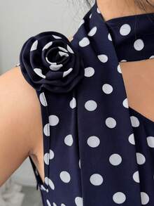 GlowEve CURVE Plus Size Women's Elegant Black & White Polka Dot Asymmetrical Shoulder Jumpsuit, Suitable For Commuting, Spring/Summer - Blue - View 4