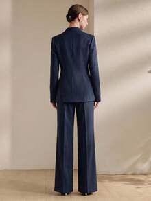 Anewsta Navy Blue Autumn Business Corporate Suit Set,Elegant Office Women's Solid Color Single-Breasted Long Sleeve Vintage Suit For Wedding Guests - Navy Blue - View 3