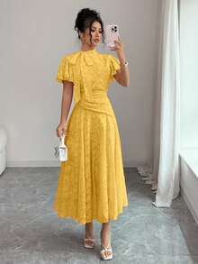 Modelyn Tie-Waist Ruched Cutout Flare Dress For Women - Yellow - View 4