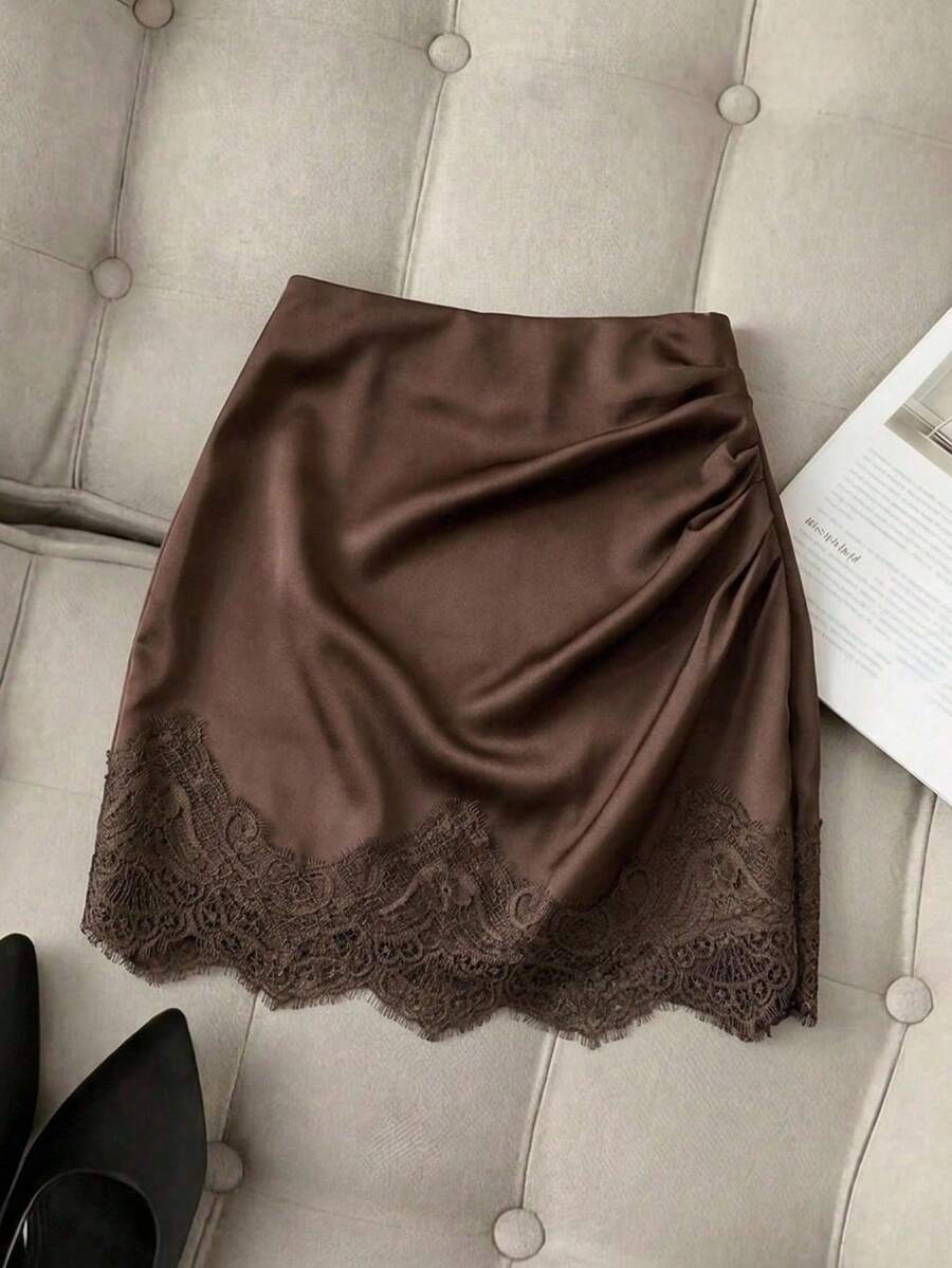 SHEIN Frenchy Chân váy xếp ly ren phối màu tương phản thanh lịch dành cho nữ, mùa hè. - màu nâu - Xem 1
