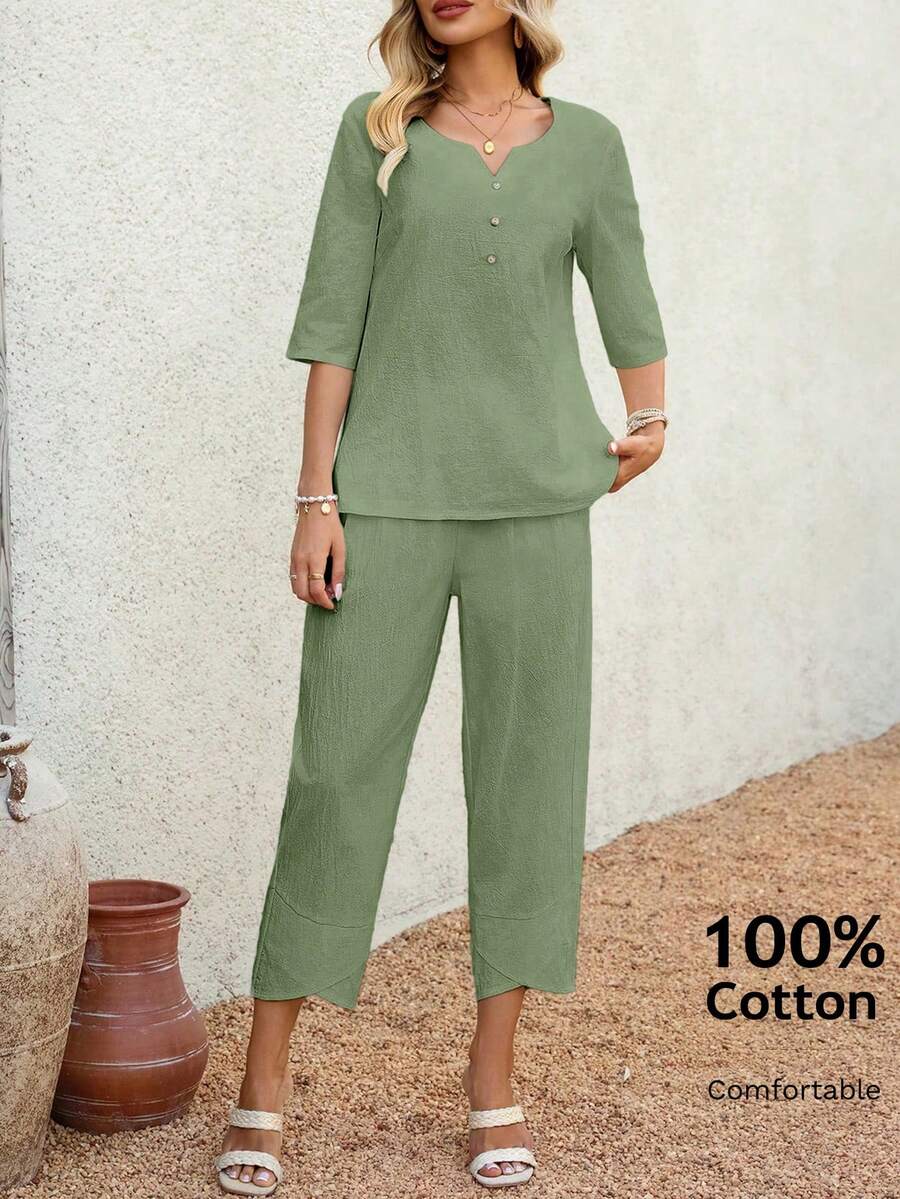 EMERY ROSE Bộ áo sơ mi và quần lửng in họa tiết hoa dành cho nữ - Màu xanh Ô liu - Xem 1
