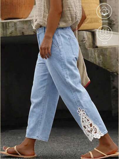 SHEIN Plus Size Women's Fashionable Casual Washed Cropped Jeans