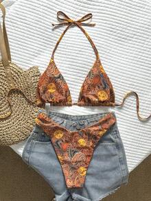 Swim Vcay Bộ bikini hai mảnh cổ yếm in họa tiết nhiệt đới dành cho nữ, áo và quần tam giác gợi cảm, dễ thương, bán chạy nhất, thích hợp cho kỳ nghỉ biển, tiệc Valentine. - Nhiều màu - Xem 2