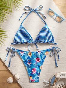 BABY SHARK X SHEIN Bộ bikini hai mảnh in họa tiết dễ thương thời trang - Màu xanh lam - Xem 2