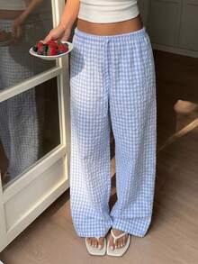 Pantalones de mujer a cuadros azules, de moda y rentables, adecuados para uso casual, vacaciones, hogar y playa.Pantalones palazzo de lino para chicas jóvenes - Multicolor - Ver 5