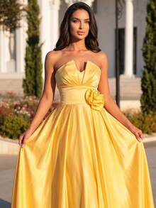 Glamrae Elegante y lujoso vestido de satén con estampado floral sin tirantes y largo, adecuado para bodas, fiestas, vacaciones, bailes y eventos formales (con abundantes adornos) - Amarillo - Ver 2