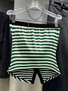 GlowEve CURVE Plus Size Elegant Knit Striped Casual Daily Commute Date Outing Front Pearl Button Cardigan Camisole Tank Top - Green - View 2